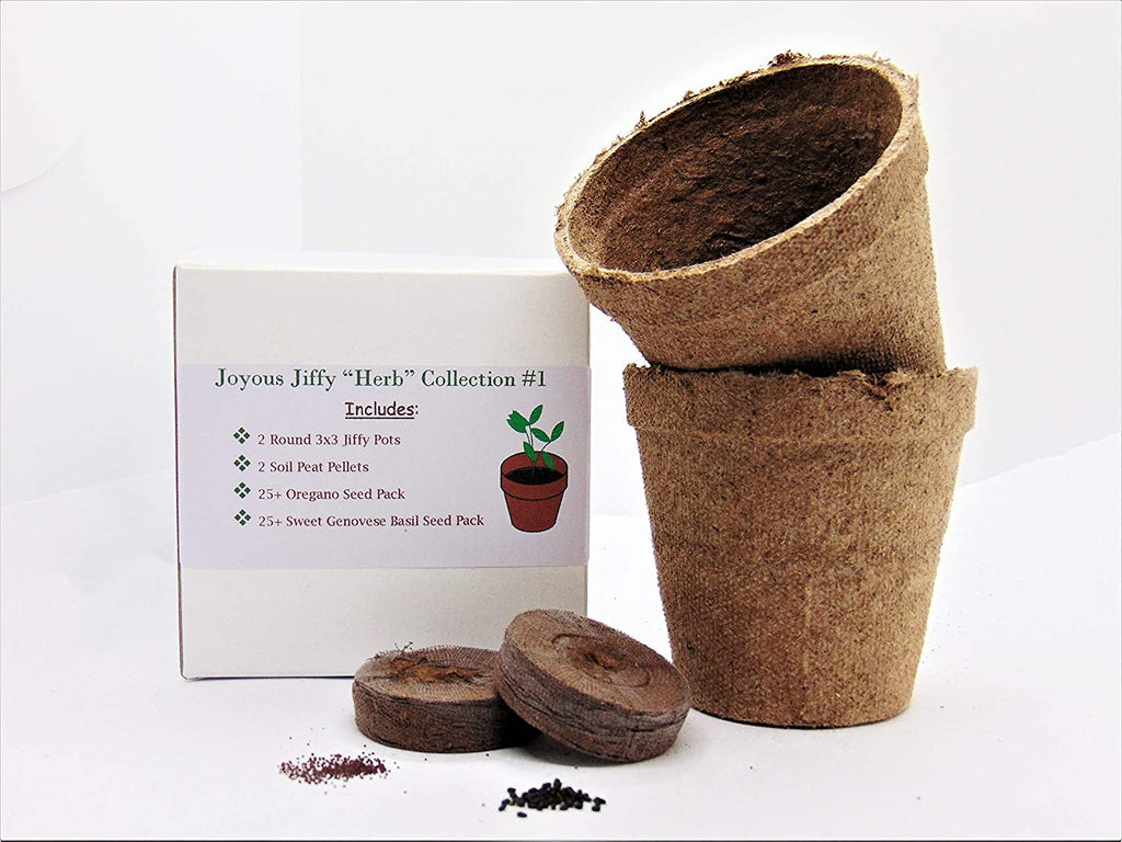Joyous Jiffy&quot;Herb&quot; Collection #1 - (2) Round 3x3 Jiffy pots, (2) Soil Peat Pellets, (1) 25  Oregano Seed Pack and (1) 25  Sweet Genovese Bas